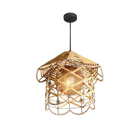 Asian Style Beige Pendant Light With Metal & Rope - Ideal For Cottage Decor