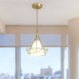 Simplicity Brass Diamond Cage Pendant Light With Flaxen Fabric Shade - Metallic Suspension Lamp