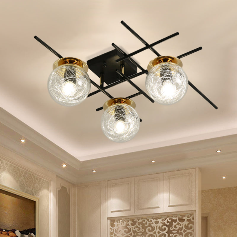 Minimalistic 3 - Head Semi - Flush Ceiling Light With Clear/Smoke Gray Glass For Bedroom