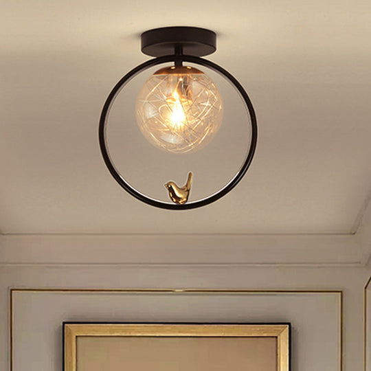 Contemporary Clear Glass Ceiling Light: Spherical Semi Flush Fixture With Single Bulb Black Mount