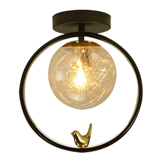 Contemporary Clear Glass Ceiling Light: Spherical Semi Flush Fixture With Single Bulb Black Mount