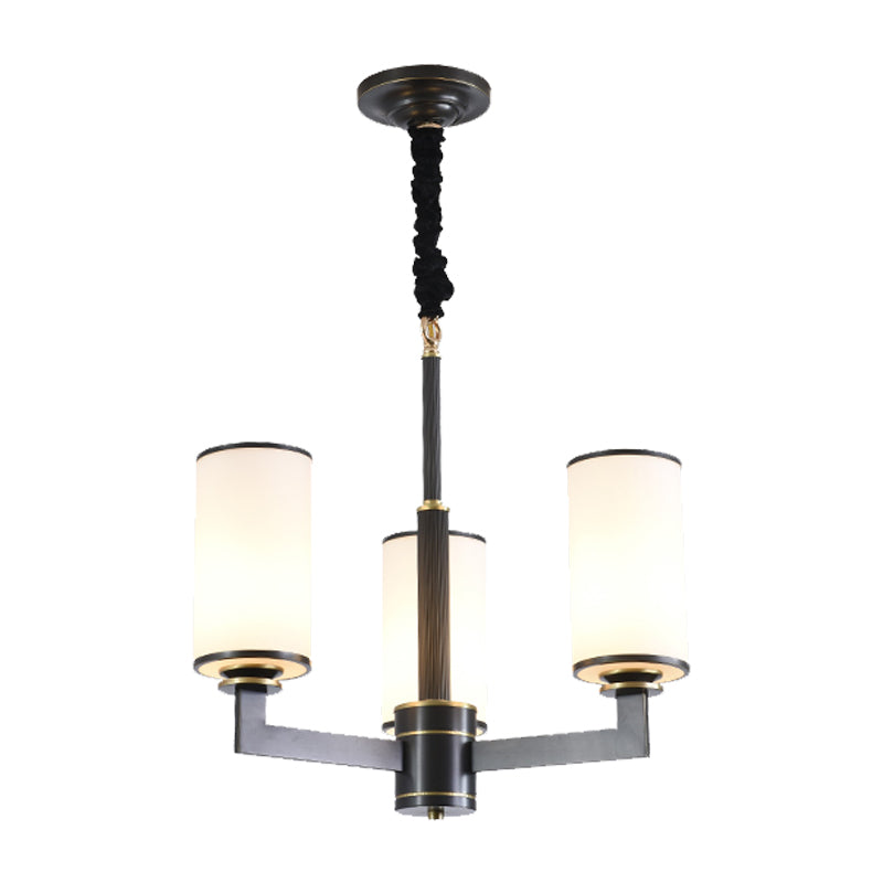 Minimal Black Chandelier With 3 Armed Heads Frosted White Glass Shades - Dining Room Ceiling Fixture