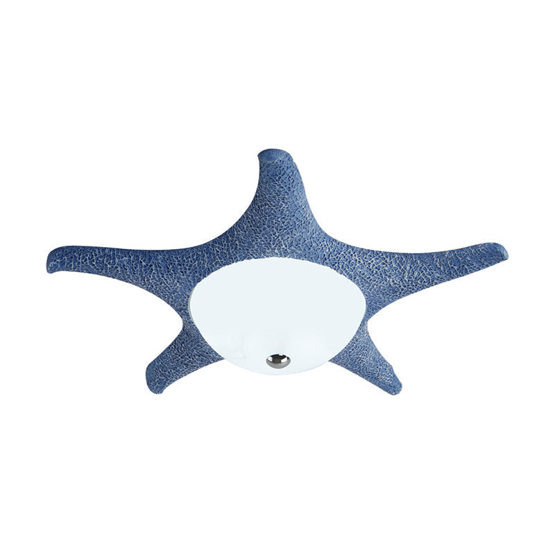 Kid’s Led Blue Starfish Flush Mount Lamp With Dome White Glass Shade