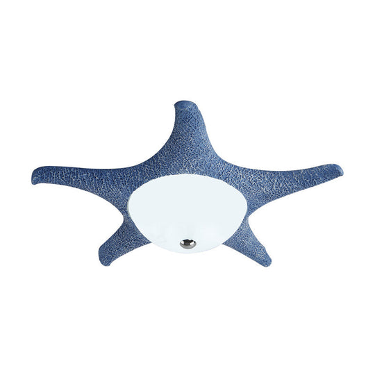 Kids Led Blue Starfish Flush Mount Lamp With Dome White Glass Shade