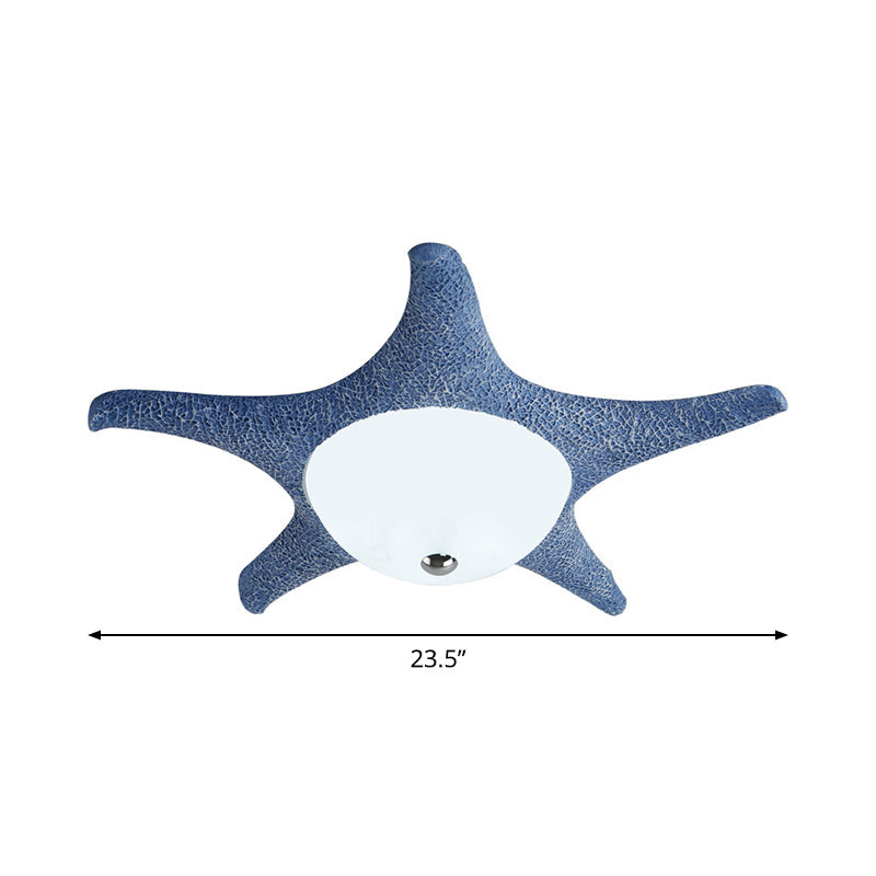 Kids Led Blue Starfish Flush Mount Lamp With Dome White Glass Shade