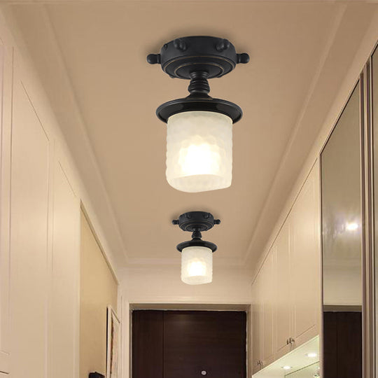 Modern 1-Light Black/Blue Mediterranean Semi Flush Mount Ceiling Light Opaque Glass Column/Flared