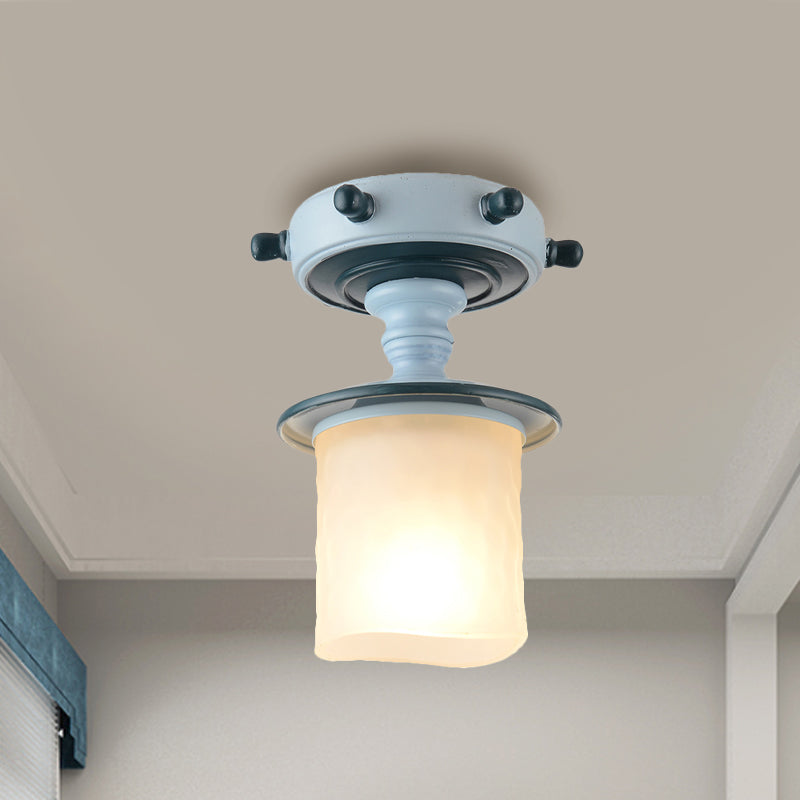 Modern 1-Light Black/Blue Mediterranean Semi Flush Mount Ceiling Light Opaque Glass Column/Flared