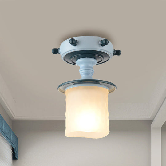Modern 1-Light Black/Blue Mediterranean Semi Flush Mount Ceiling Light Opaque Glass Column/Flared