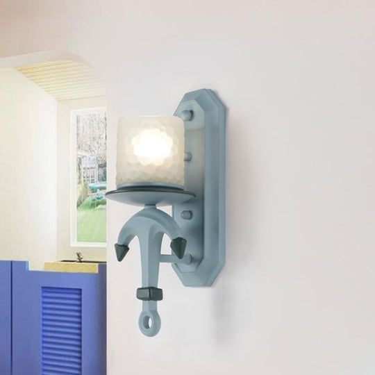 Nautical Blue Glass Cylinder Wall Light With Resin Anchor Deco - Mount Lamp