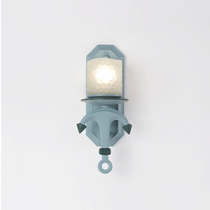 Nautical Blue Glass Cylinder Wall Light With Resin Anchor Deco - Mount Lamp