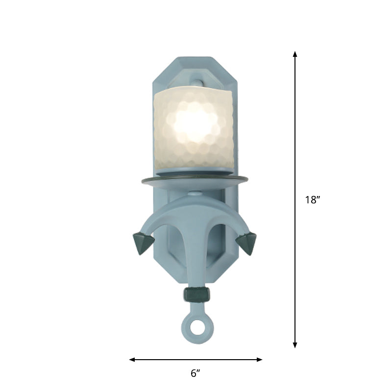 Nautical Blue Glass Cylinder Wall Light With Resin Anchor Deco - Mount Lamp