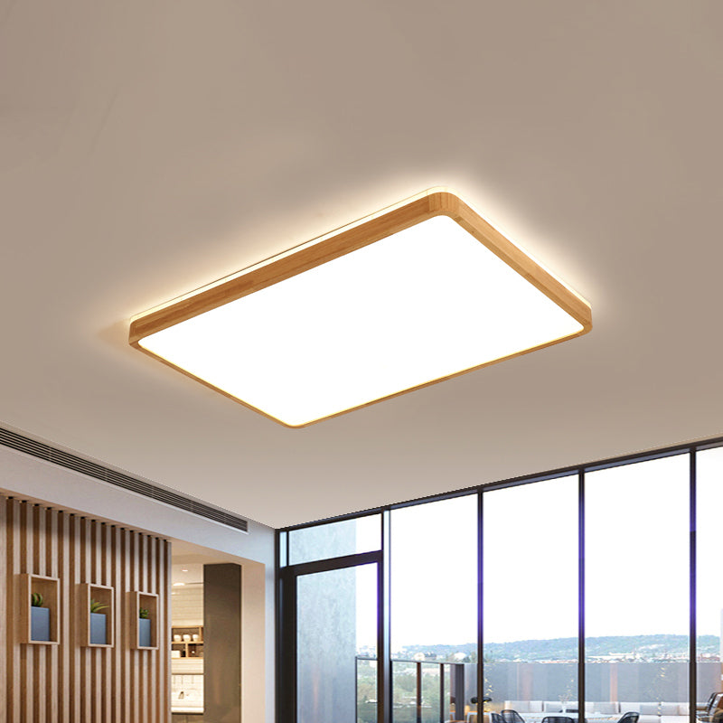 Minimalist Wood Ceiling Lamp Led Flushmount Lighting In Beige Square/Oblong Shape