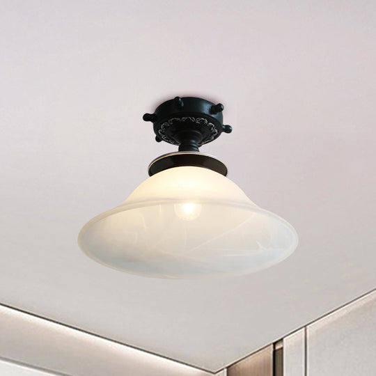 Nautical Opaline Glass Bell Ceiling Light In Black/White/Blue - 1 Bulb Semi Flush Mount Fixture For