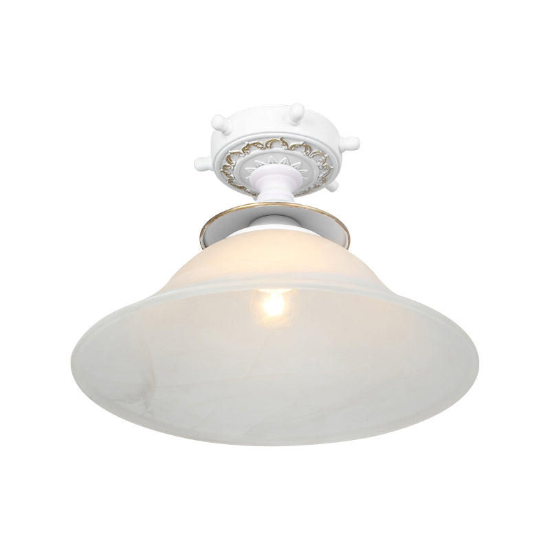 Nautical Opaline Glass Bell Ceiling Light In Black/White/Blue - 1 Bulb Semi Flush Mount Fixture For