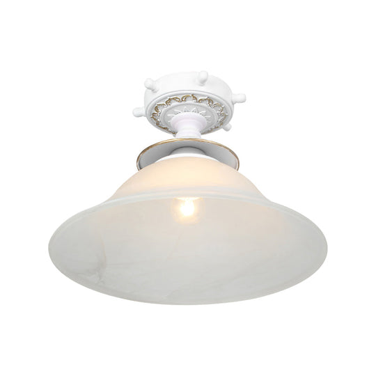 Nautical Opaline Glass Bell Ceiling Light In Black/White/Blue - 1 Bulb Semi Flush Mount Fixture For