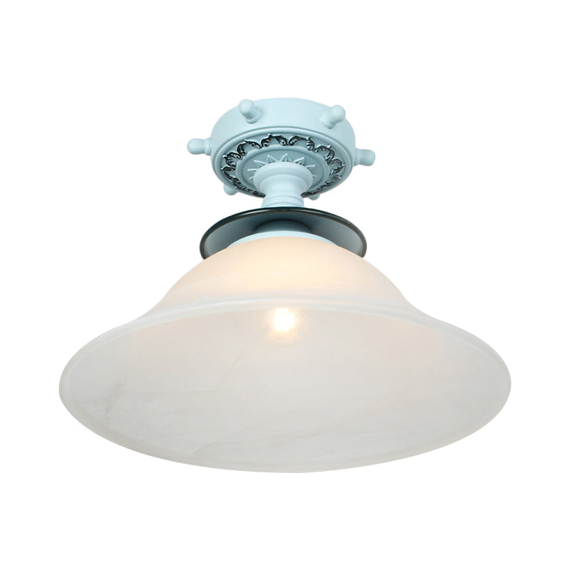 Nautical Opaline Glass Bell Ceiling Light In Black/White/Blue - 1 Bulb Semi Flush Mount Fixture For
