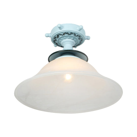 Nautical Opaline Glass Bell Ceiling Light In Black/White/Blue - 1 Bulb Semi Flush Mount Fixture For