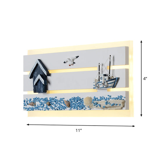 Cartoon Led Wall Sconce With Wood Seagull And Sailboat Design - Acrylic Oblong Flush Mount Lighting
