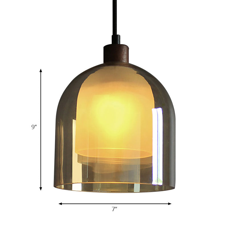Contemporary Amber Glass Bell Pendant Light With Bronze Ceiling Lamp – Inner Shade