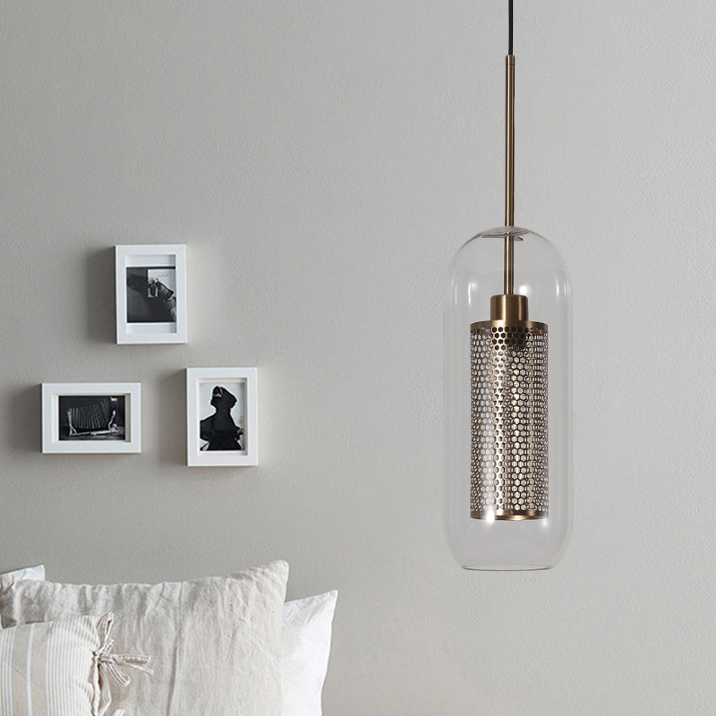 Modern Clear Glass Capsule Hanging Light With Mesh Screen For Balcony Ceiling - 1 Brass / 5’