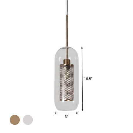 Modern Clear Glass Hanging Light With Mesh Screen For Balcony - Capsule Shape