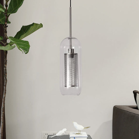 Modern Clear Glass Capsule Hanging Light With Mesh Screen For Balcony Ceiling - 1