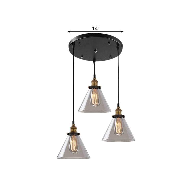 Cone/Bowl Smoked Glass Industrial Pendant Hanging Lamp - 3-Light Coffee Shop Fixture With