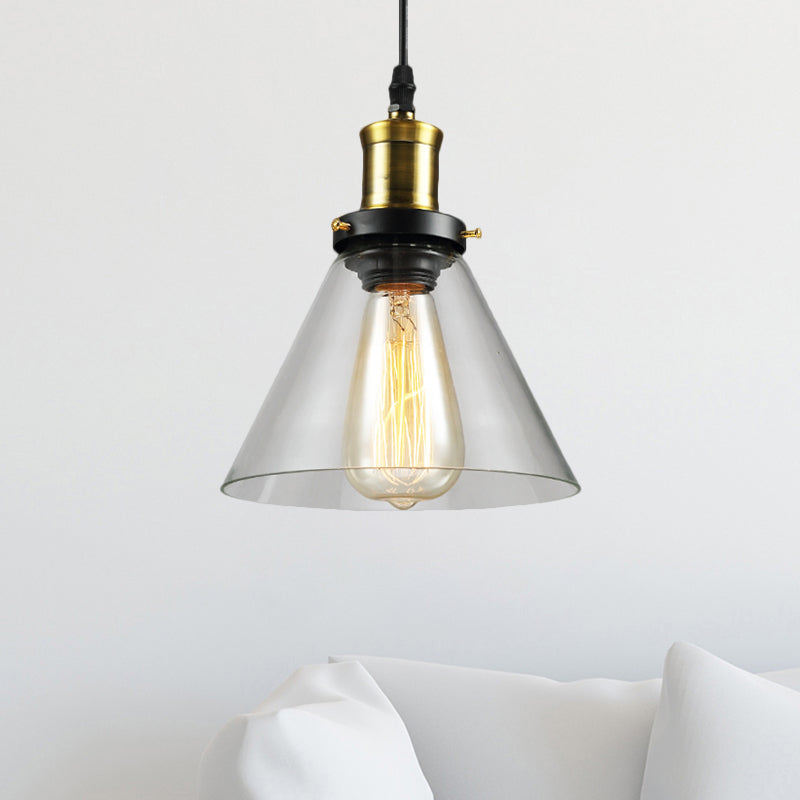Vintage Brass Hanging Ceiling Light With Clear Glass Cone/Globe Pendant For Living Room