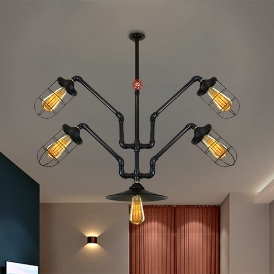 Industrial Style Chandelier Lamp: 5-Light Wire Cage Suspension With Water Pipe – Ideal For Dining