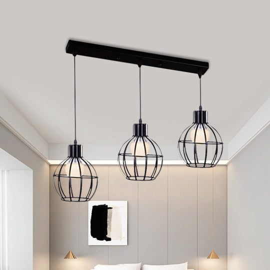 Sleek Vintage Black Metallic Ceiling Lamp - Global Suspended Light With Cage Shade
