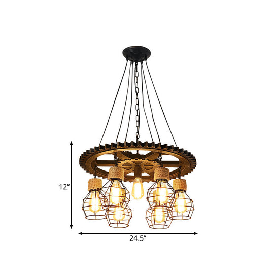 Antique Style Black Iron Pendant Light With Wire Guard - 5/7-Head Suspended Lamp Fixture