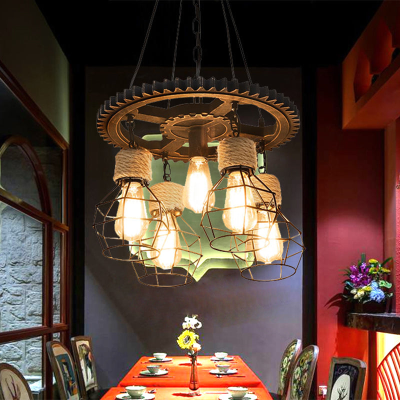 Antique Style Black Iron Pendant Light With Wire Guard - 5/7-Head Suspended Lamp Fixture