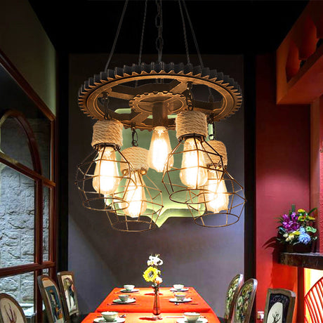Antique Stylish Black Finish Iron Pendant Light Fixture - 5/7-Head Wire Guard Suspended Lamp With