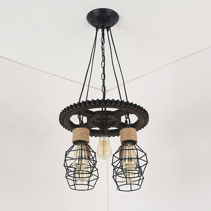 Antique Style Black Iron Pendant Light With Wire Guard - 5/7-Head Suspended Lamp Fixture