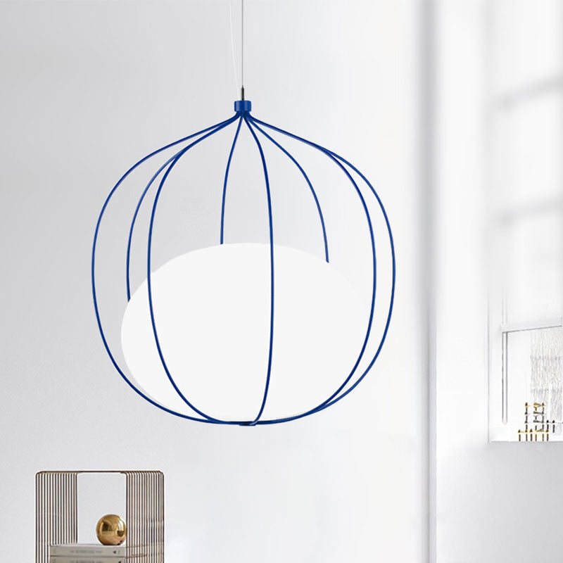Modern Pendant Light: Egg Milk Glass Suspension With Melon Wire Frame - Ideal For Offices Blue