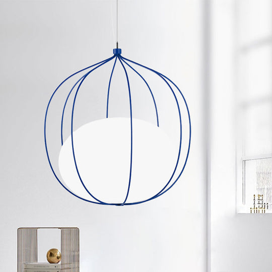 Modern Pendant Light: Egg Milk Glass Suspension With Melon Wire Frame - Ideal For Offices Blue