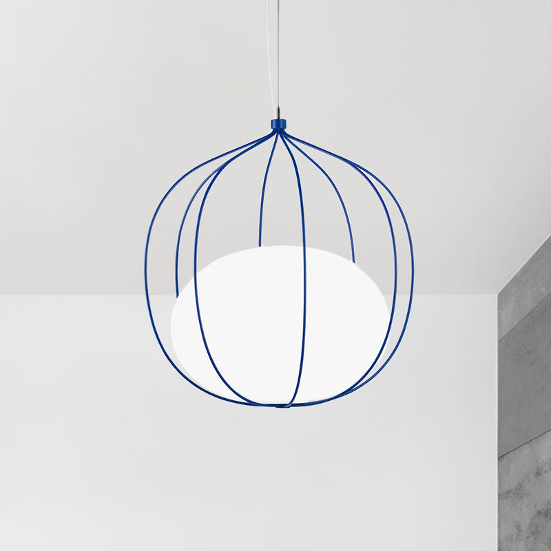 Modern Pendant Light: Egg Milk Glass Suspension With Melon Wire Frame - Ideal For Offices