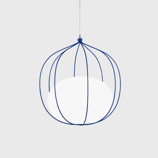 Modern Pendant Light: Egg Milk Glass Suspension With Melon Wire Frame - Ideal For Offices