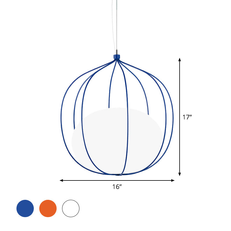 Modern Pendant Light: Egg Milk Glass Suspension With Melon Wire Frame - Ideal For Offices