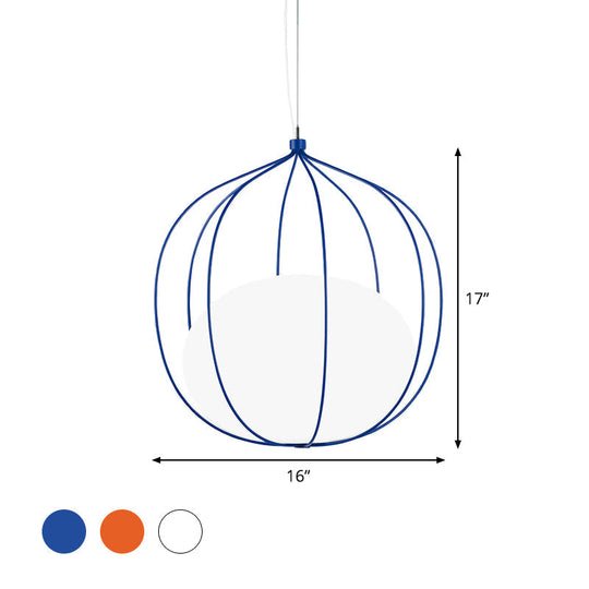 Modern Pendant Light: Egg Milk Glass Suspension With Melon Wire Frame - Ideal For Offices