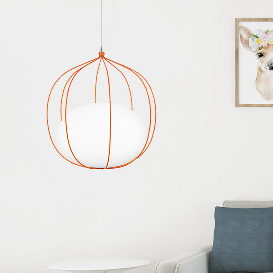 Modern Pendant Light: Egg Milk Glass Suspension With Melon Wire Frame - Ideal For Offices