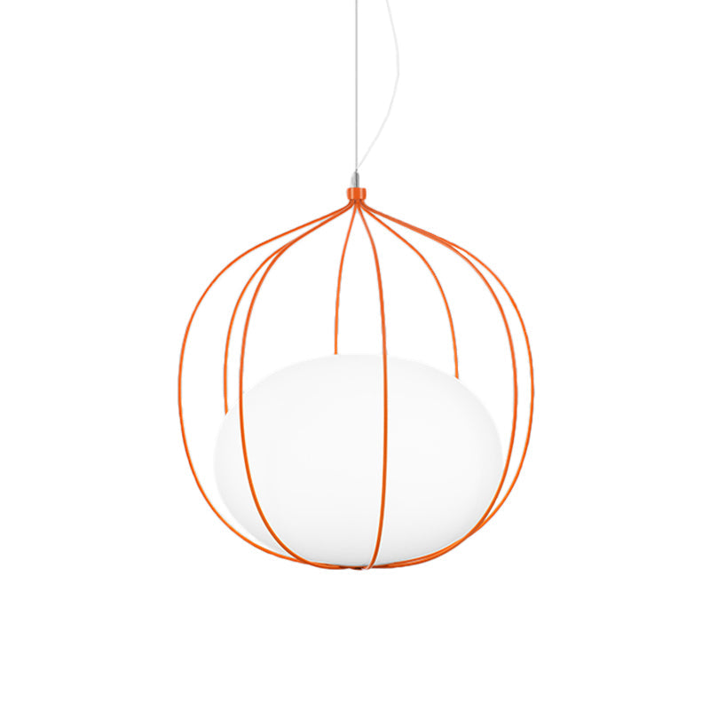 Modern Pendant Light With Milk Glass Shade And Melon Wire Frame - Ideal For Offices