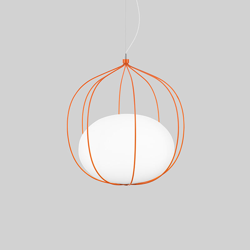 Modern Pendant Light: Egg Milk Glass Suspension With Melon Wire Frame - Ideal For Offices
