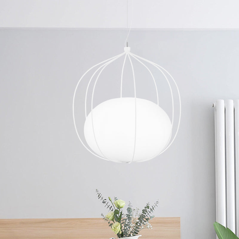 Modern Pendant Light: Egg Milk Glass Suspension With Melon Wire Frame - Ideal For Offices
