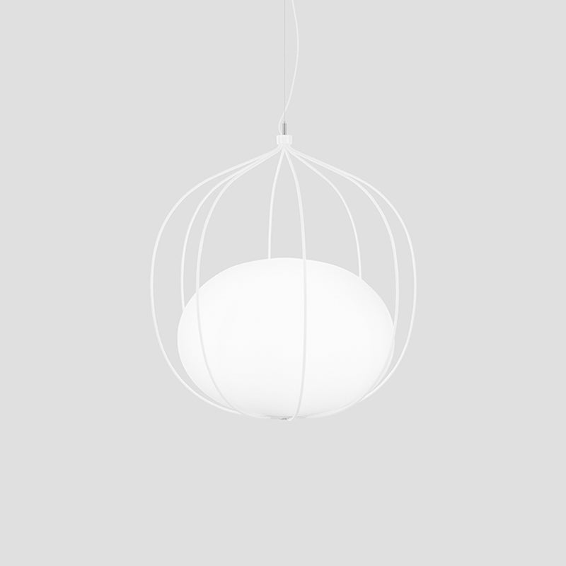 Modern Pendant Light: Egg Milk Glass Suspension With Melon Wire Frame - Ideal For Offices