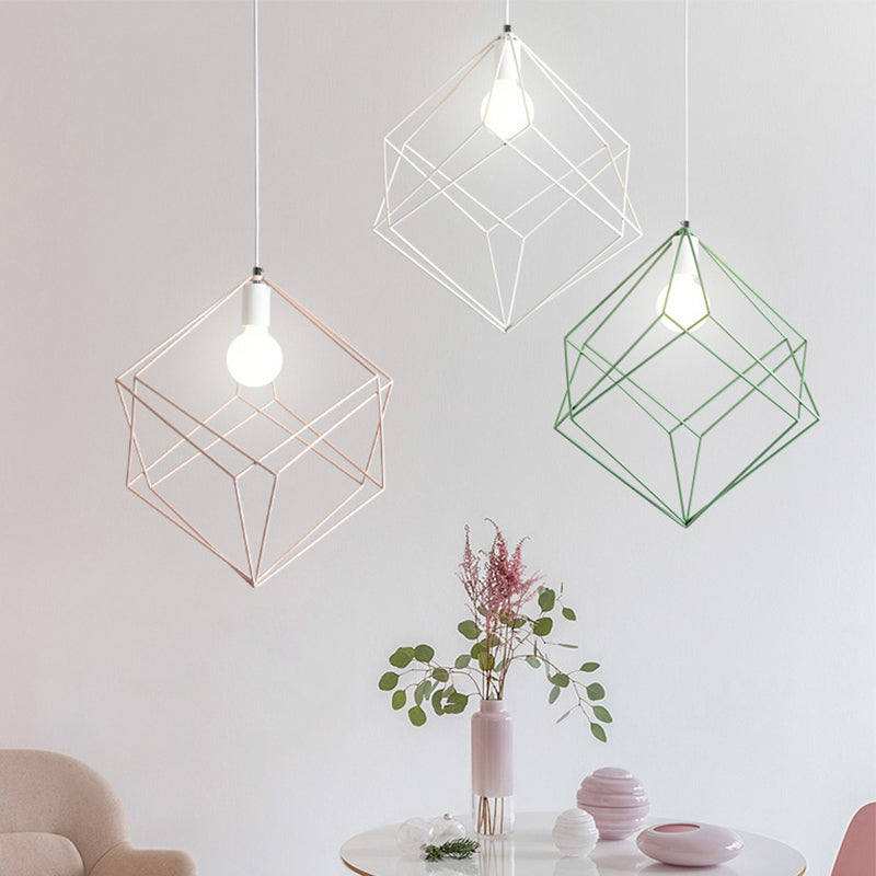 Macaron Cube Cage Pendant Light - Stylish Iron Undertint Hanging Lamp For Dining Table And Hallway