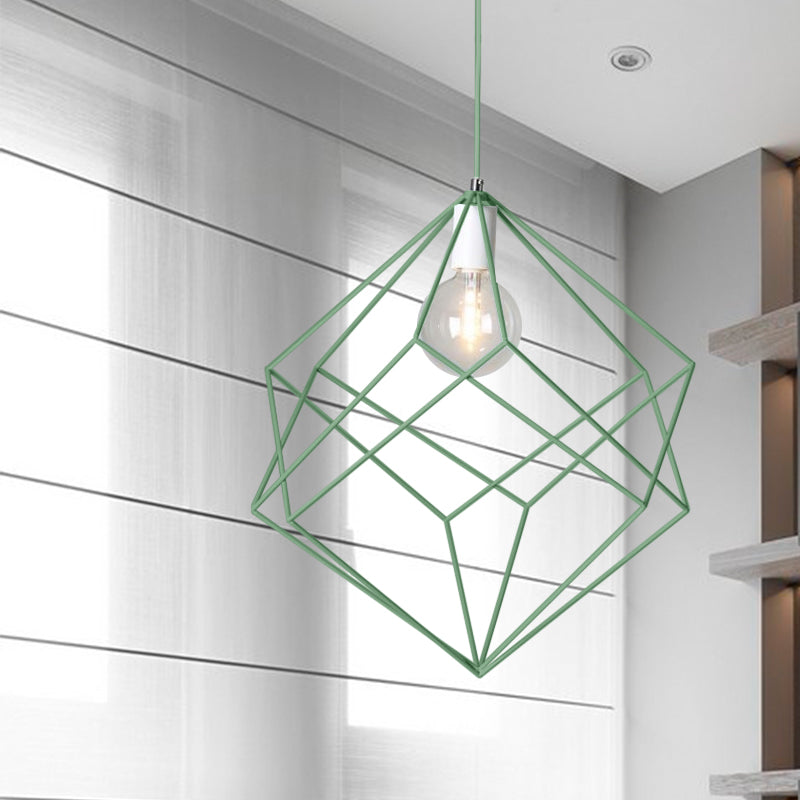 Macaron Cube Cage Pendant Light - Stylish Iron Undertint Hanging Lamp For Dining Table And Hallway