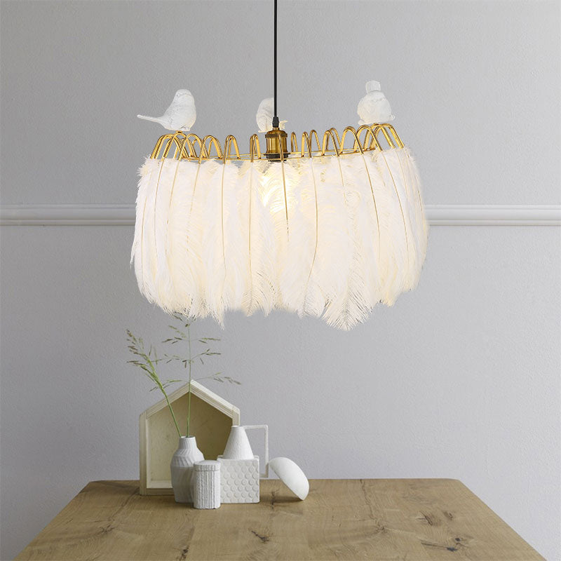 Modern Bird Fabric Drum Pendant With 1 Light For Bedroom White / 19.5