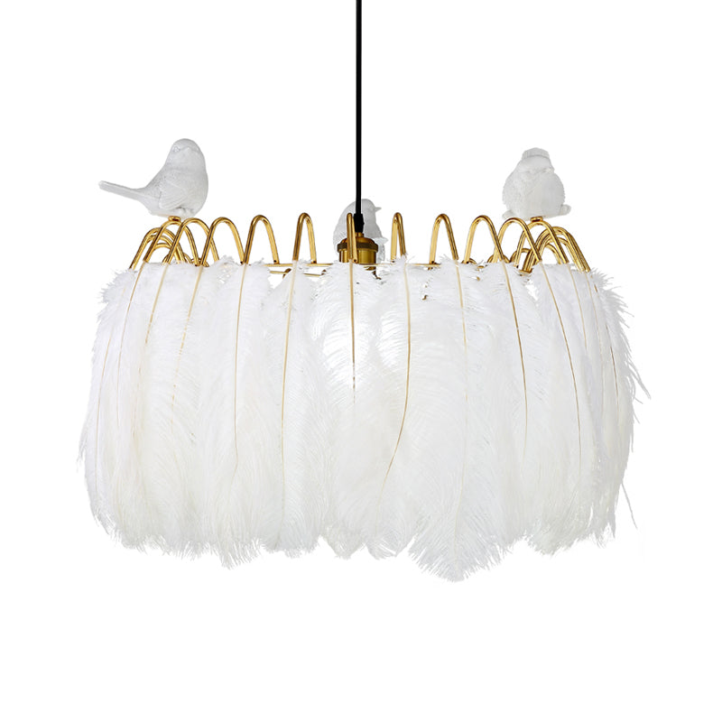 Modern Bird Fabric Drum Pendant Lamp - White 1-Light Hanging For Bedroom