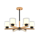 Wooden Double Glass Chandelier With Cylinder Shade - 3/6 Lights For Living Room Ceiling